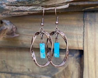 Antieke koperen hangoorbellen: turkooizen keizerlijke jaspis boho-sieraden