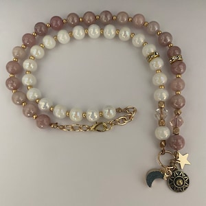 Sunstone Moonstone sun moon stars charm necklace 20 inch with extender chain gold plated accents boho zodiac astrology