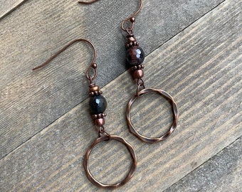 Boho tijgeroog bungelende oorbellen met draad omwikkeld antiek messing antiek koper