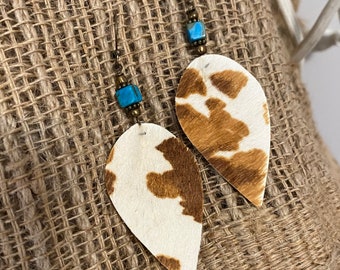 Koeienprint boho bungelende oorbellen turquoise keizerlijke Jasper herfstoorbellen dierenprint