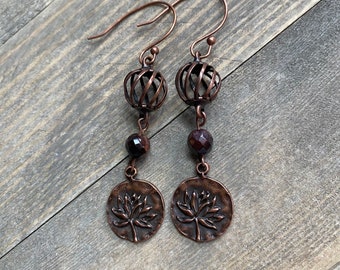 Antieke koperen tijgeroog lotusbloem hangende boho-oorbellen