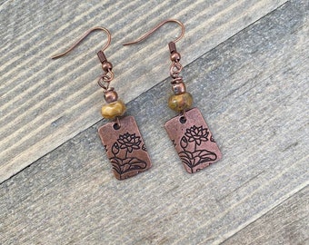 Koperen lotusbloem boho bungelende oorbellen vuuragaatsteen