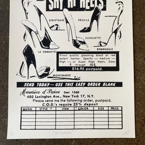 May include: Black and white print ad for "Sky Hi Heels" featuring illustrations of various high-heeled shoes. The ad includes text describing the shoes' features, sizes, and ordering information. The text also includes the names of the shoe styles: Striptease, Profile, La Coquette, Silhouette, Symphonie, and Montmarte.