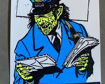 May include: A print featuring a cartoonish postal worker in a blue uniform and hat, holding letters. The worker has green skin and a wide grin. The words "RETURN TO SENDER" are printed in purple at the bottom.