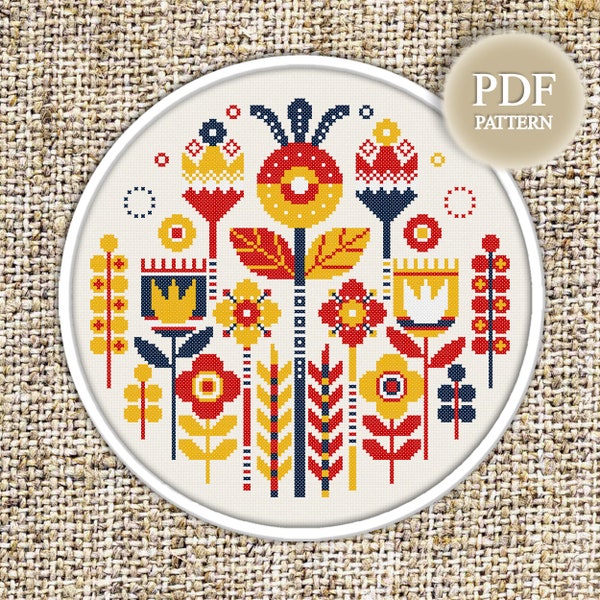 Scandinavian Flowers cross stitch pattern Abstract cross stitch Ethnic Retro Boho Hoop art