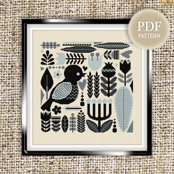 Scandinavian bird cross stitch pattern Folk cross stitch Gothic cross stitch Boho Traditional Retro Nature