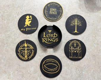 Juego de 6 posavasos de El Señor de los Anillos con soporte / Caja de almacenamiento de regalo de LOTR para fans / Decoración del hogar de la Tierra Media / Set de regalo