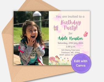 Butterfly Birthday Invitation with Photo - Editable Template.