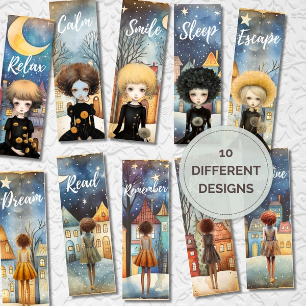 Cute Printable Bookmarks for girls and women. 10 unique whimsical designs, ethereal, emo, gothic, witchy aesthetic for mothers day gift
