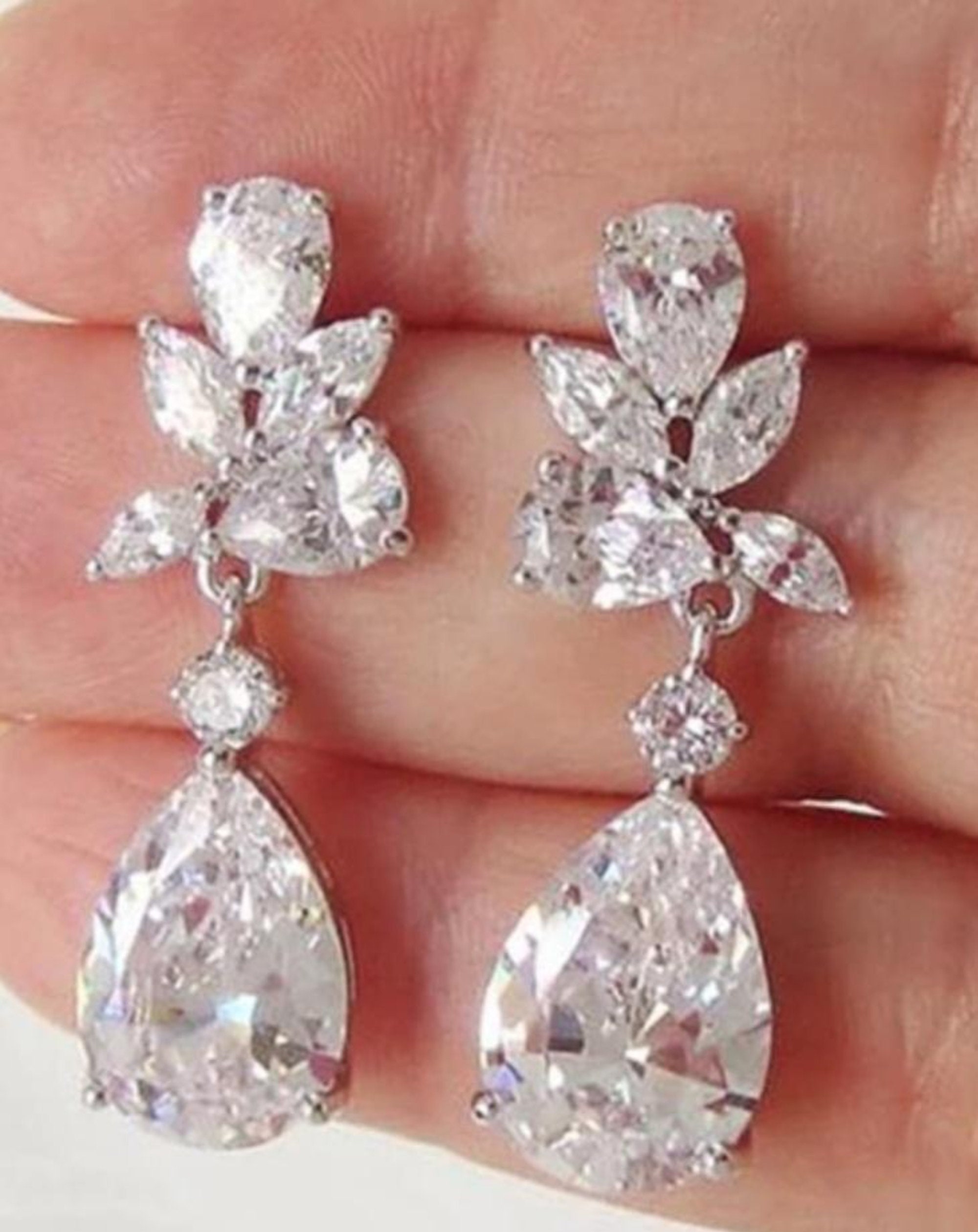 Silver Bridal Faux Diamond Earrings. Wedding Earings. Cubic Zirconia