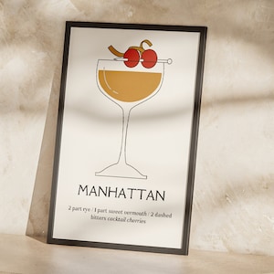 Cartel de cócteles de Manhattan, decoración del carrito de bar, arte de cocina moderno, impresiones de alcohol, diseño moderno de mediados de siglo, descarga digital, impresión de cócteles