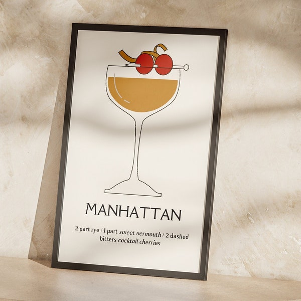 Manhattan Cocktails Poster, Bar Cart Decor, Modern Kitchen Art, Alcohol Prints, Mid Century Modern Design, Digital Download, Cocktail Print