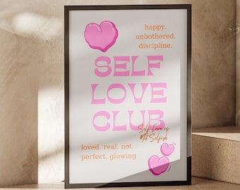 Impressão rosa do clube do amor próprio, arte de parede para quarto de dormitório para impressão, pôster de autocuidado, tipografia retrô funky maximalista