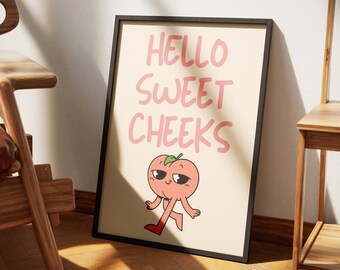 Funny Bathroom Prints, Peach Print, Restroom Prints, Hello Sweet Cheeks Print, Dorm Decor, Trendy Wall Decor, Peachy Aesthetic, Funny Print