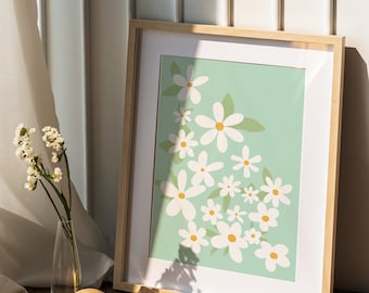 Arte de parede verde sálvia, arte de parede de margaridas, pôster de flores, impressão de arte de flores, ilustração floral, impressão de arte Boho, download digital