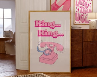 Arte de pared estético de moda retro, impresión de pared retro de moda, decoración de dormitorio retro moderno, teléfono, Barbie Core, impresión de arte estético rosa Y2K