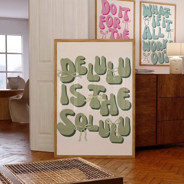 Bow Delulu Is The Solulu, Light Green Poster, Neutral Apartment Decor, Funny Bathroom Poster, Trendy Girly Prints, Preppy Green Aesthetic