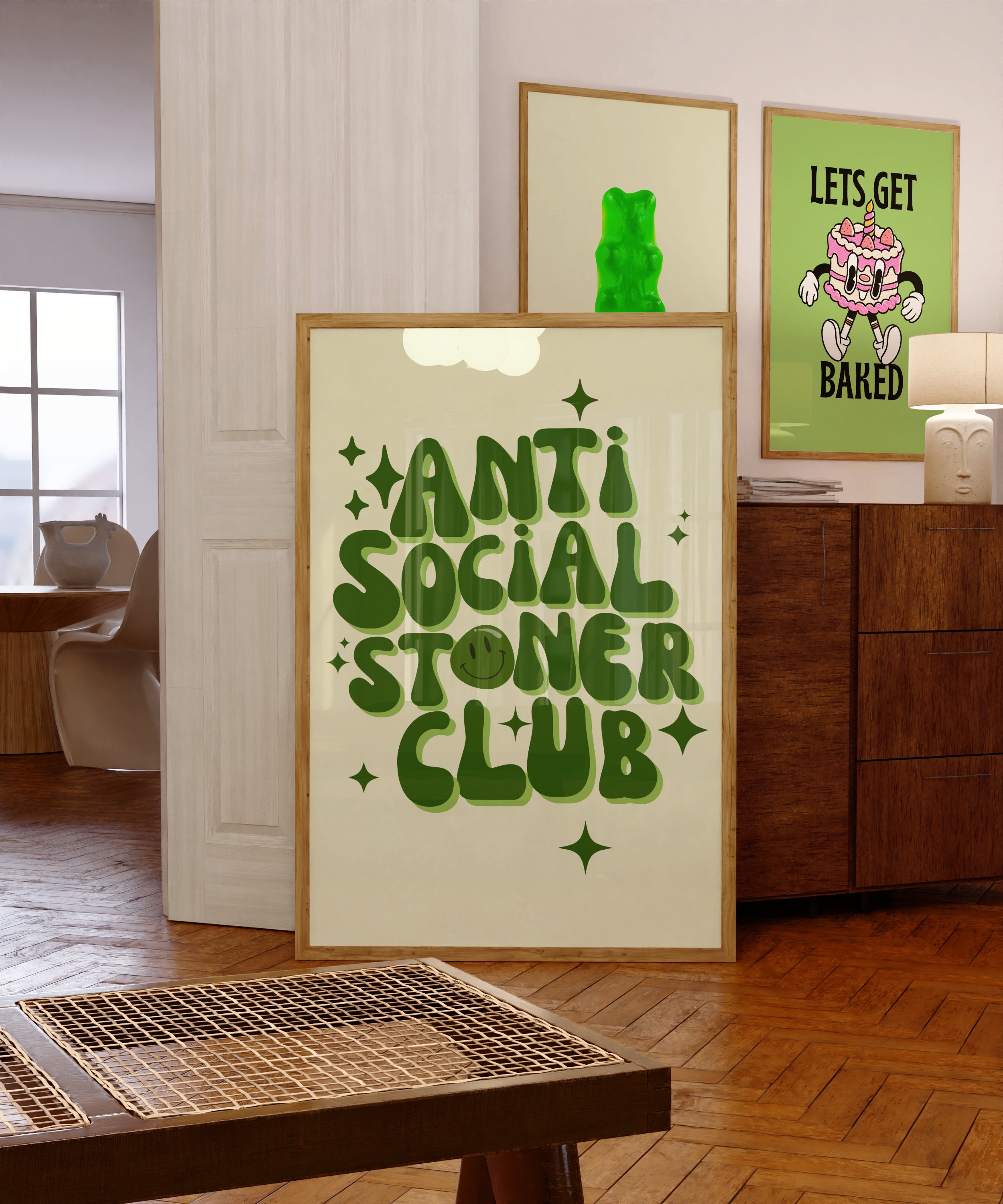 anti social stoner club poster, trendy cannabis apartment decor, funny stoner prints, green bar cart decor poster wall art,cute stoner gifts