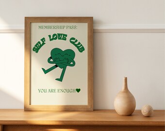Trendy Self Love Club, Aesthetic Poster, Positivity Printable Art, Vintage Self Love Print, Digital Download, College Dorm Poster