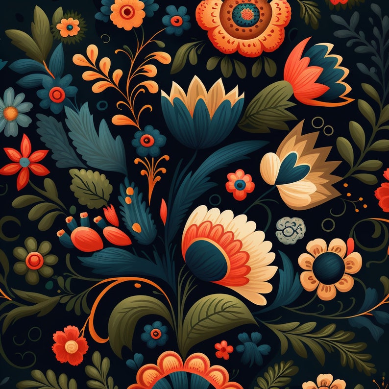 Bundle of 40 Folk Art Seamless Pattern Illustrations on Black ...