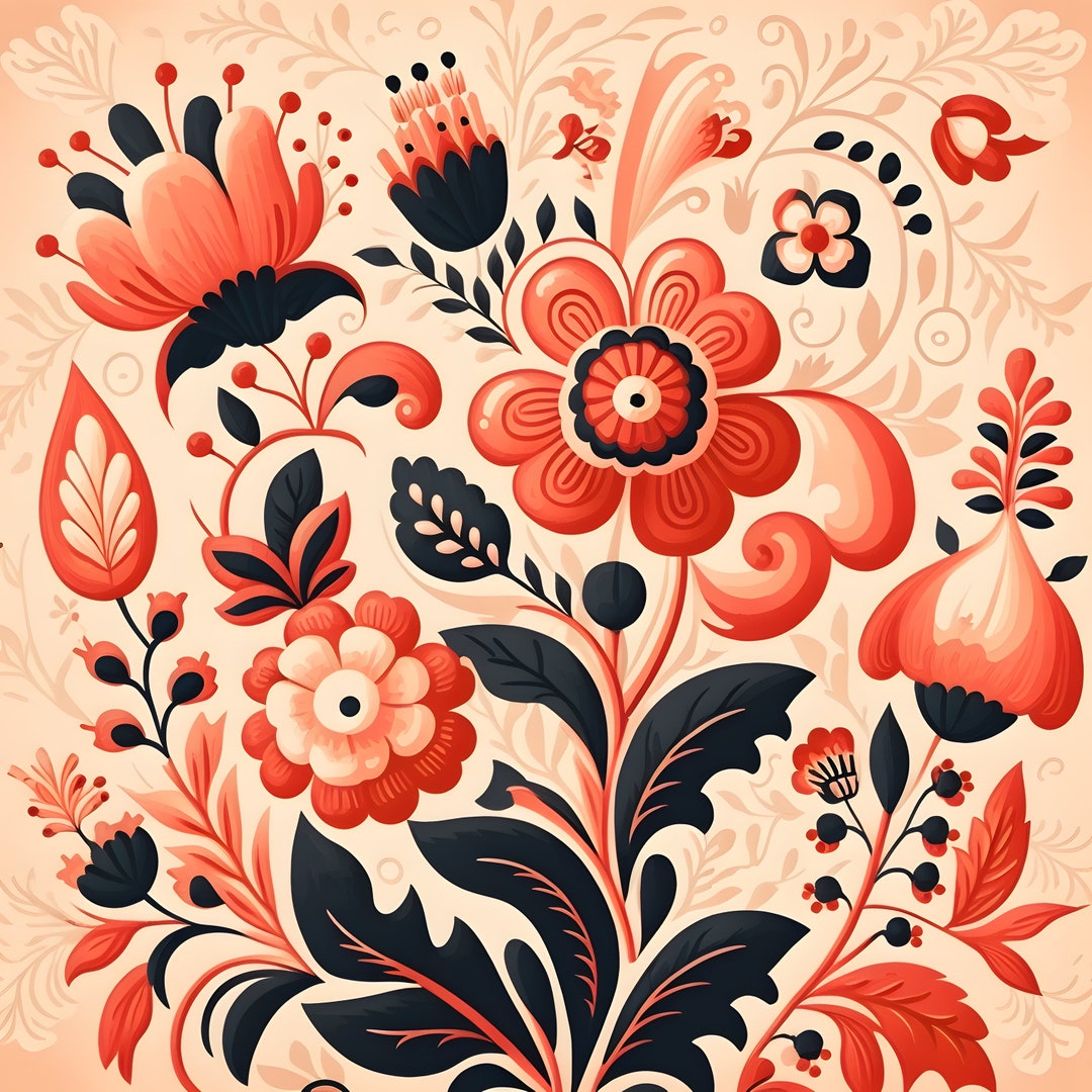 Bundle of 40 Folk Art Seamless Pattern Illustrations on Red Background ...