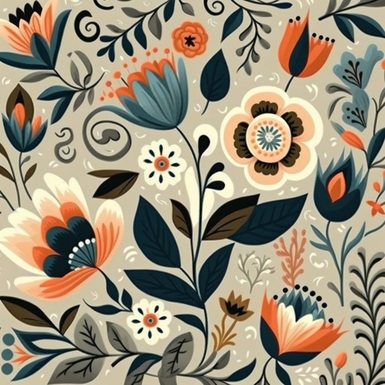 Bundle of 40 Folk Art Seamless Pattern Illustrations on Grey Background ...