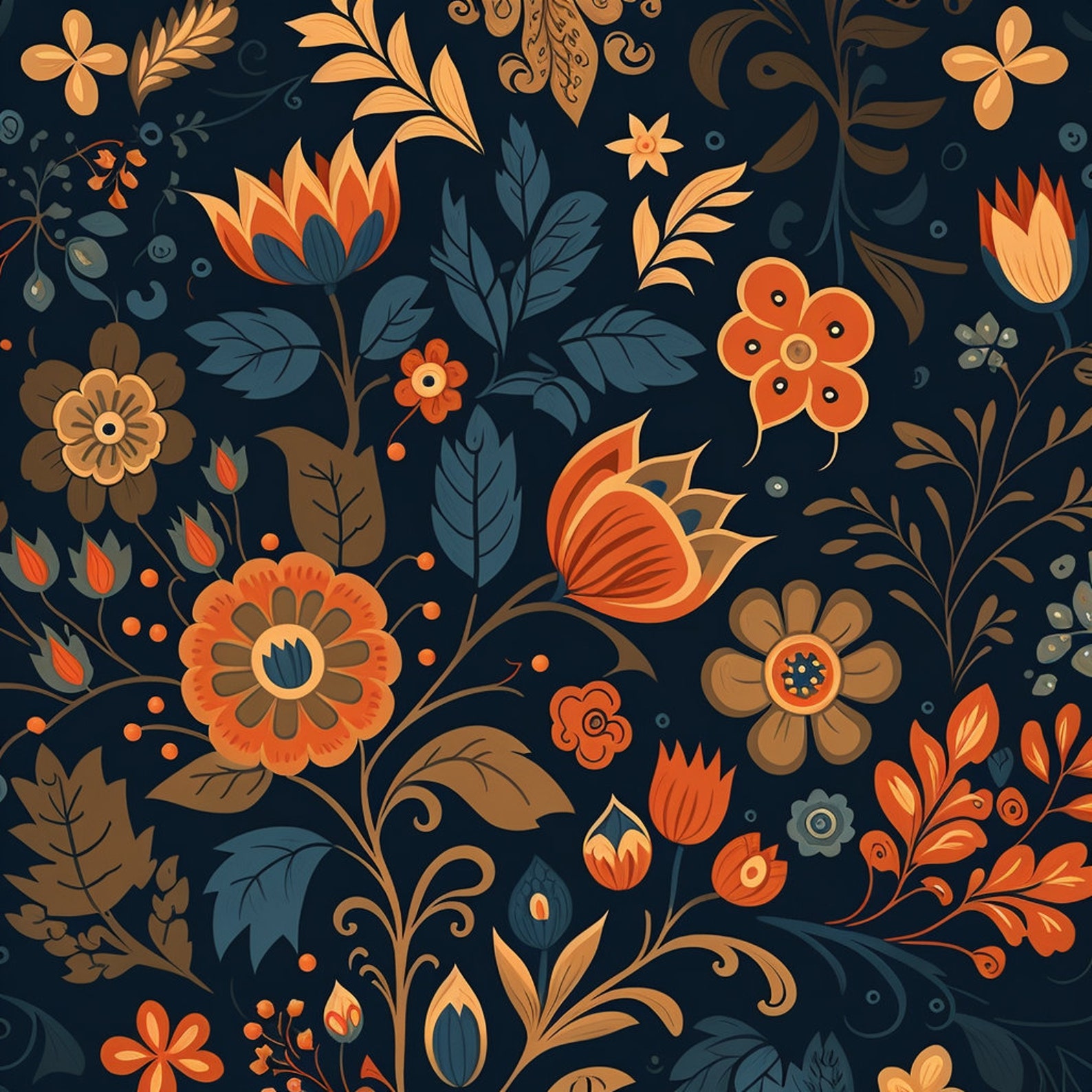 Bundle of 40 Folk Art Seamless Pattern Illustrations on Black ...