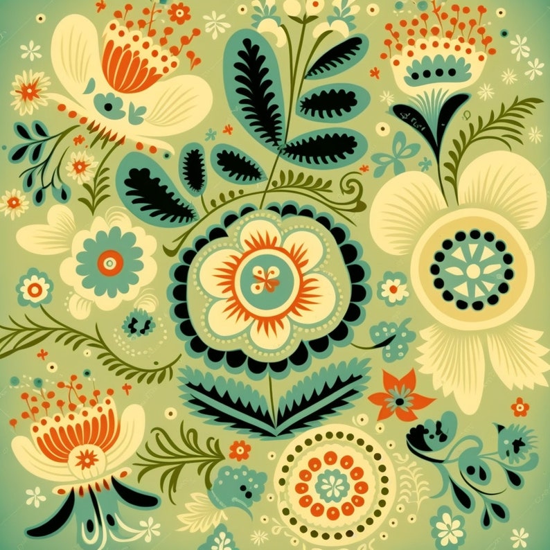 Bundle of 40 Folk Art Seamless Pattern Illustrations on Green ...