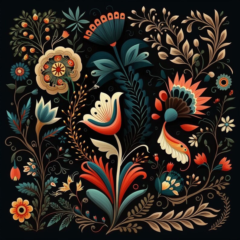 Bundle of 40 Folk Art Seamless Pattern Illustrations on Black ...