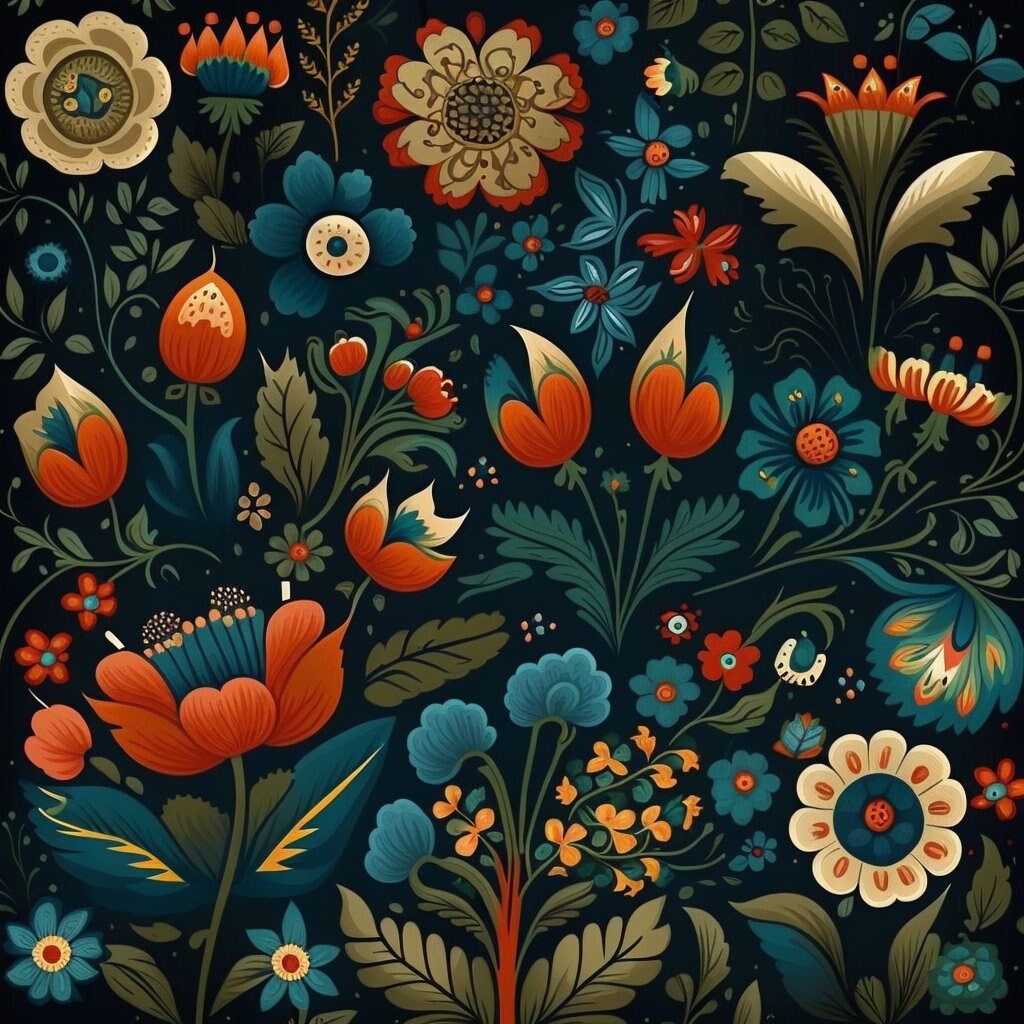 Bundle of 40 Folk Art Seamless Pattern Illustrations on Black ...