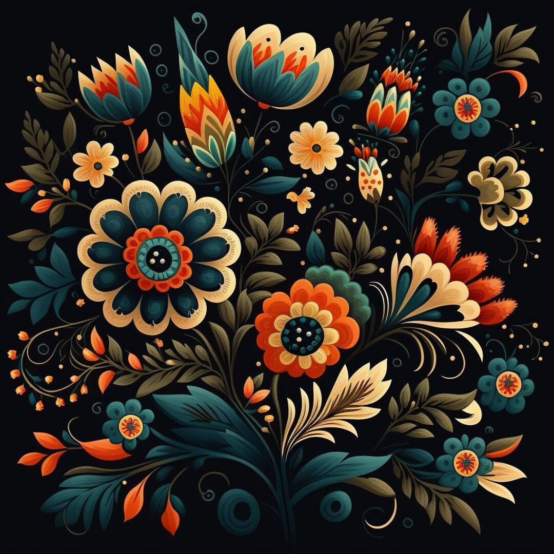 Bundle of 40 Folk Art Seamless Pattern Illustrations on Black ...