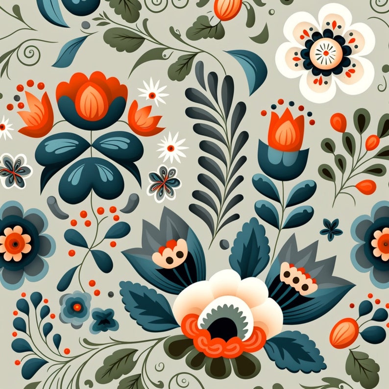 Bundle of 40 Folk Art Seamless Pattern Illustrations on Grey Background ...