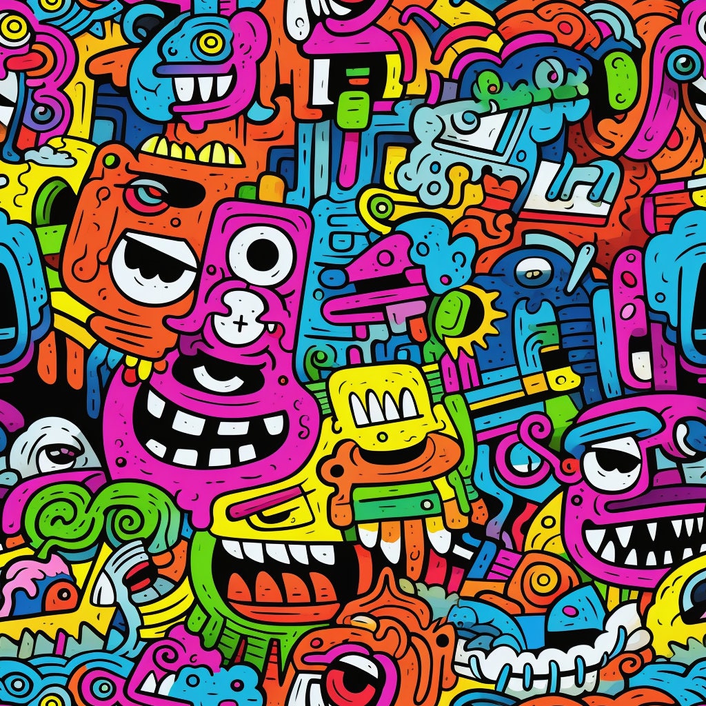 Bundle of 40 Comic Doodle Seamless Pattern Illustrations on White ...