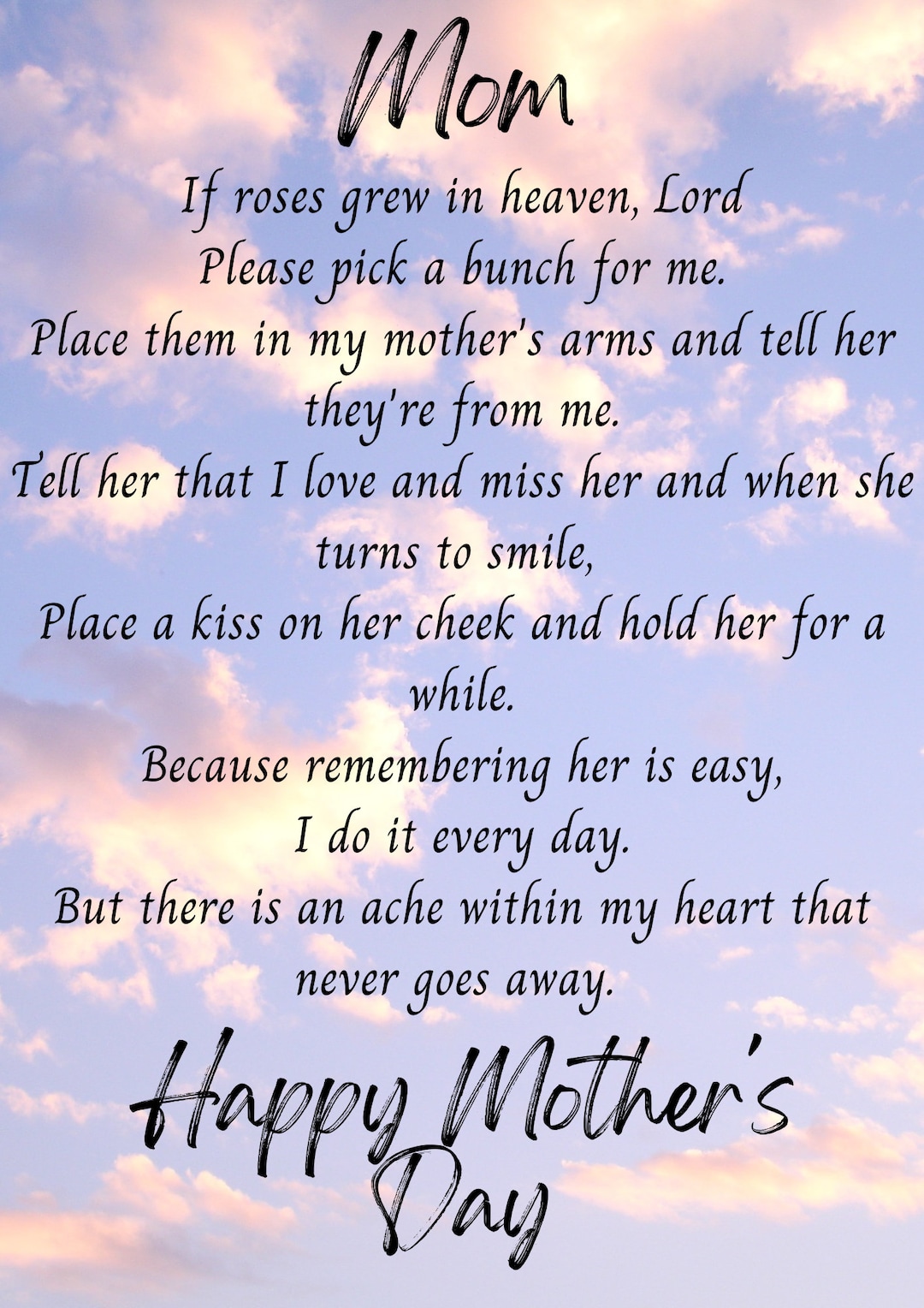 Mothers Day Poem for Mom's in Heaven/everyday - Etsy