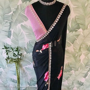 Black printed saree Partywear sarees Indian sari blouse
