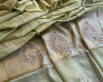 Tissue linen saree zardosi embroidered saree Indian sari blouse