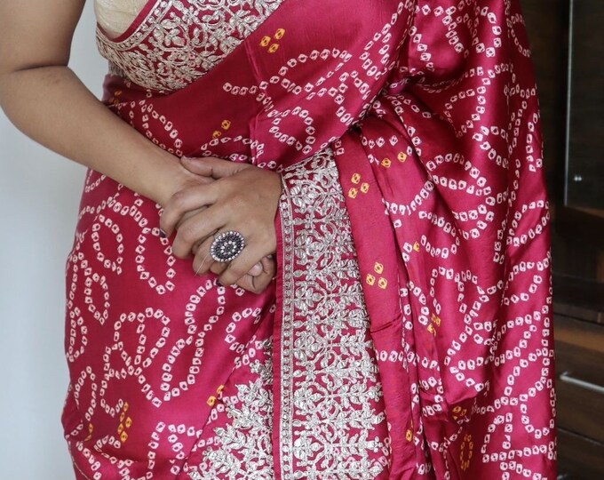 Authentic Brown Gajji Satin Silk Saree Handcrafted Gota Patti & Meenakari with Ethnic Print - Buy main image 1