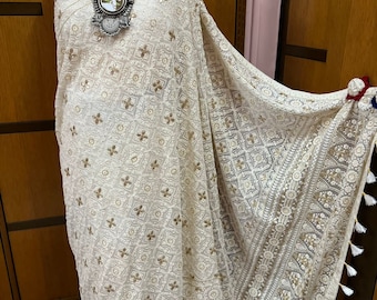 White Chikankari Gottapatti Saree Indian traditional saree