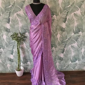 Lilac premium saree organza saree partywear sari blouse