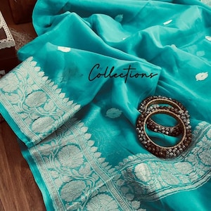 Turquoise inspired chiffon saree,,,,Banarsi saree
