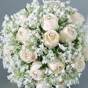 White Rose Bridal Bouquet | Faux Wedding Flowers | Handmade Ivory Bouquet for Bride | Artificial Roses Gift