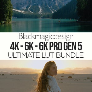 Può includere: Blackmagicdesign 4K - 6K - 6K Pro Gen 5 Ultimate LUT Bundle. L'immagine mostra un lago pittoresco con montagne sullo sfondo e un paesaggio desertico con una donna in primo piano.