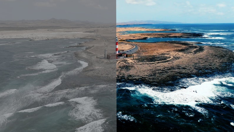May include: An aerial view of a red and white lighthouse on a rocky peninsula. The lighthouse is surrounded by a winding road and a small body of water. The ocean is a deep blue color with white waves crashing on the shore.