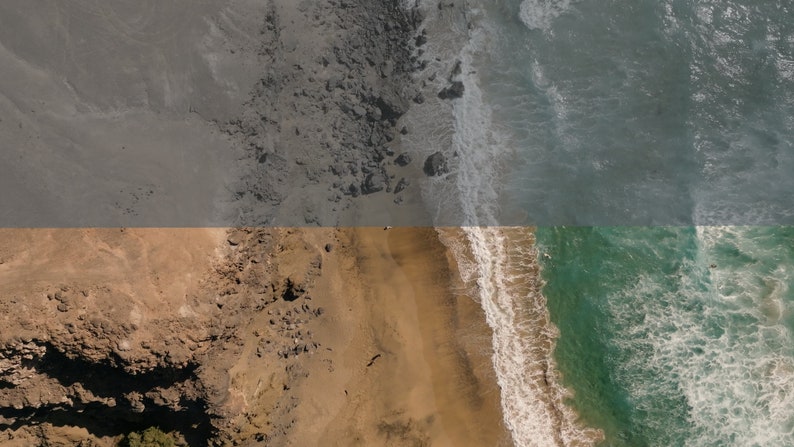 May include: Aerial view of a sandy beach with a rocky cliff on the left and turquoise ocean water on the right. The waves are crashing on the shore, creating white foam.