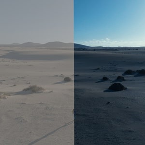 May include: A split image showing a desert landscape with white sand dunes and a blue sky. The left side of the image is a hazy, muted version of the scene, while the right side is a clear, bright version.