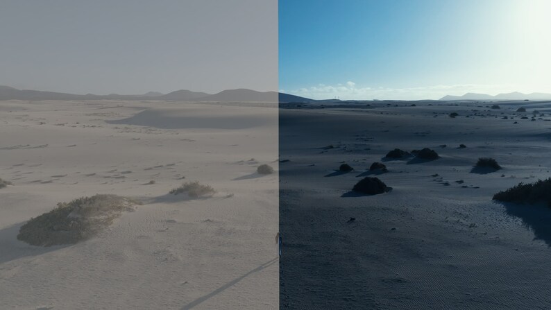 May include: A split image showing a desert landscape with white sand dunes and a blue sky. The left side of the image is a hazy, muted version of the scene, while the right side is a clear, bright version.