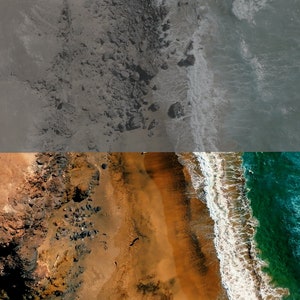 May include: Aerial view of a rocky coastline with a sandy beach and turquoise ocean waves crashing on the shore.