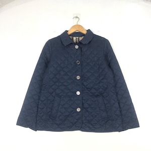 BURBERRY Quilted Jacket Full Button Checkered Inside Blue Navy Medium
