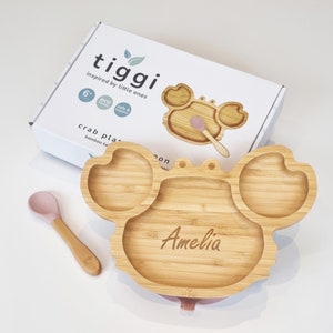 Personalised Bamboo Plate and Spoon Set with Stay Put Suction Cup for Toddlers and Kids | Perfect for Baby Led Weaning (Crab)