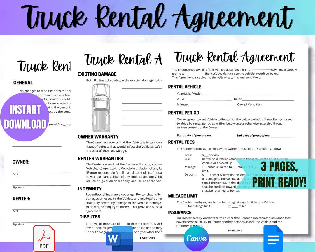 Truck Rental Agreement Car Rental Agreement Contract for Truck Lease ...